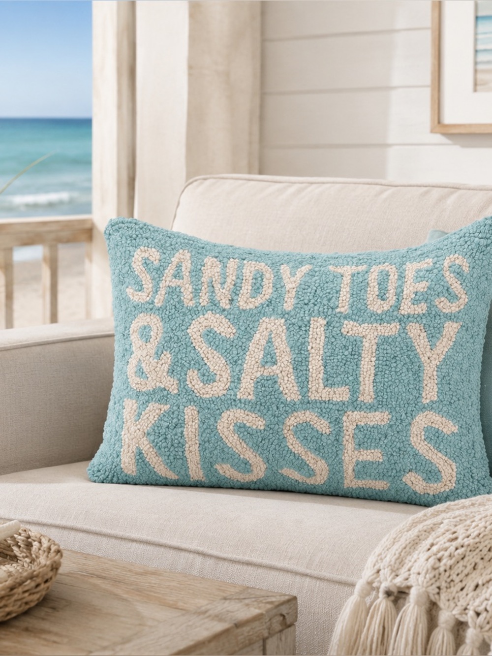 Peking Handicraft Sandy Toes Salty Kisses Hook Pillow 12x16 Coastal Boho Decor